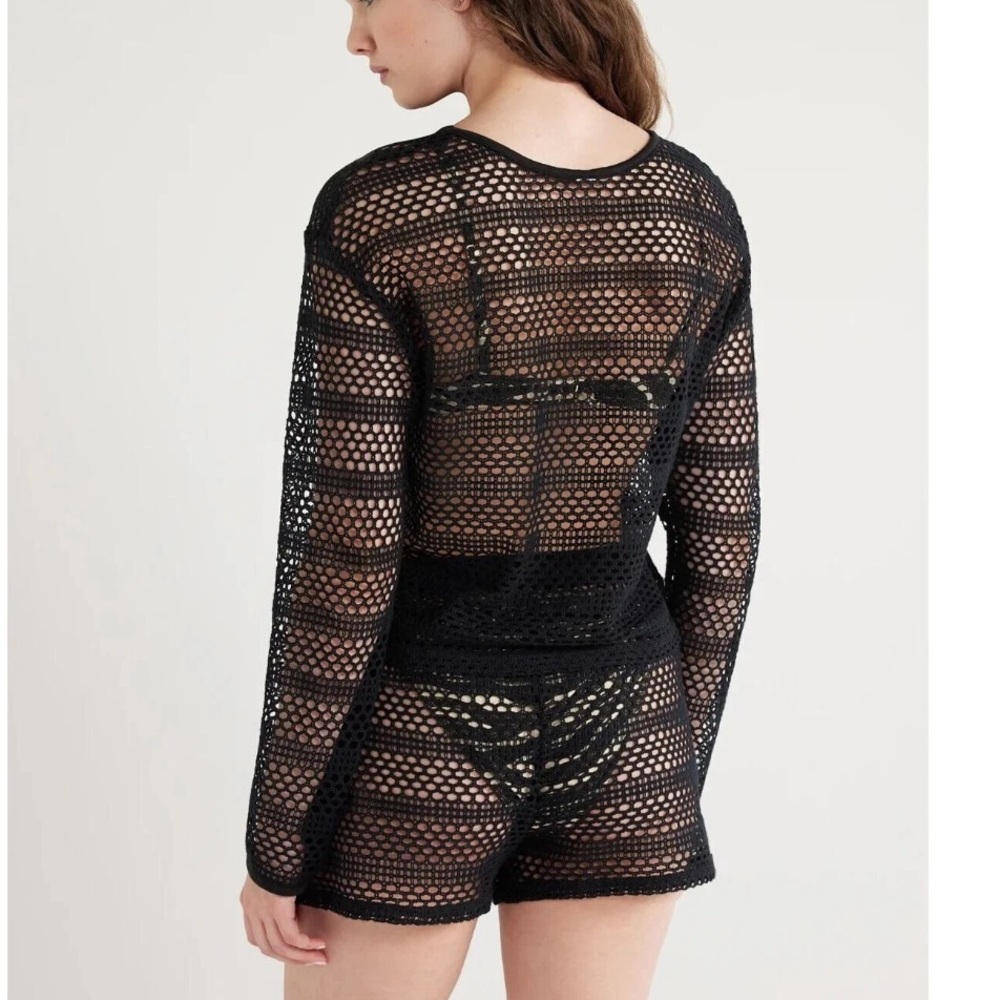 NWT No Boundaries black crochet mesh swim coverup top and shorts set size XL